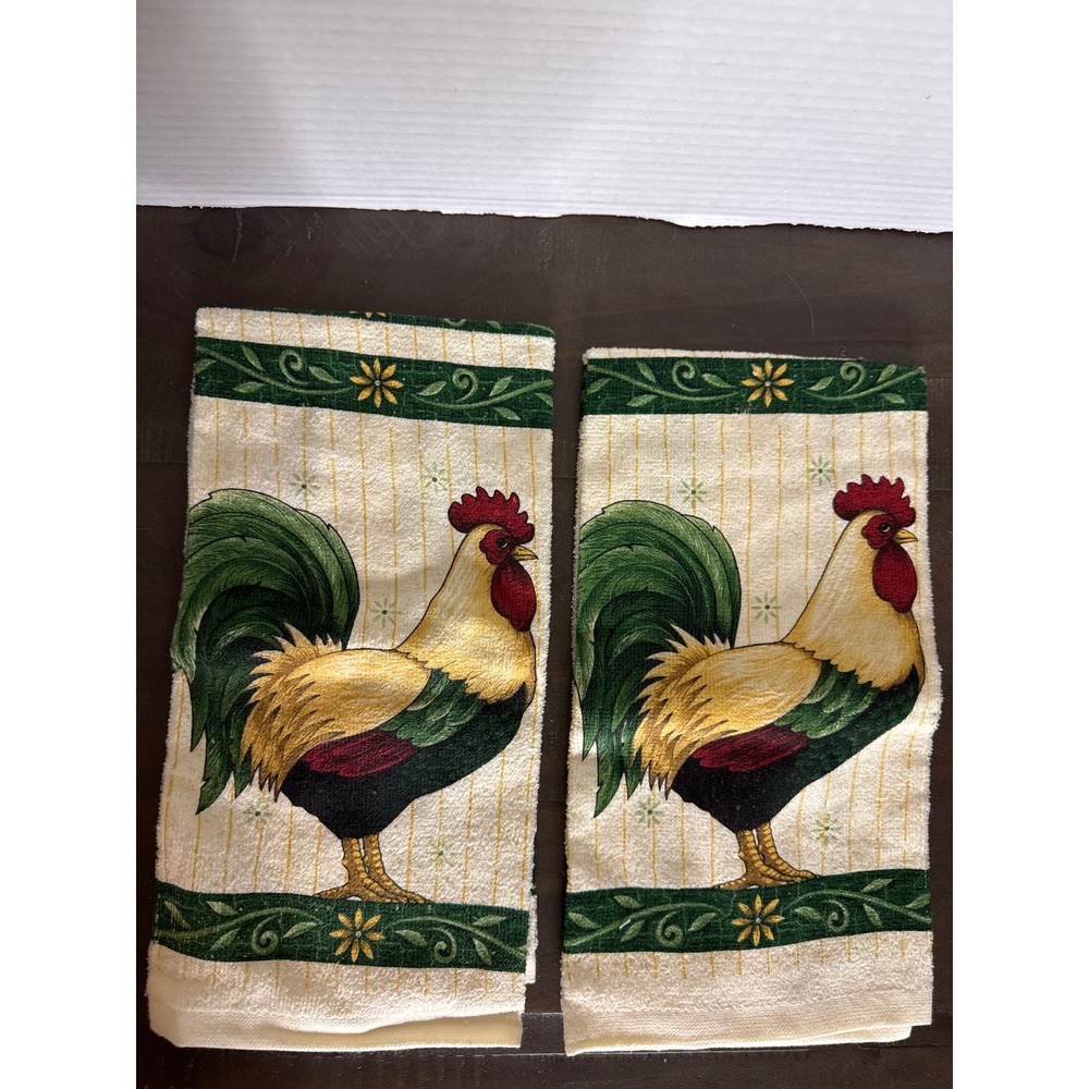 Franco Rooster Kitchen Towels Set of 2 Farmhouse French Country Cream Green Red